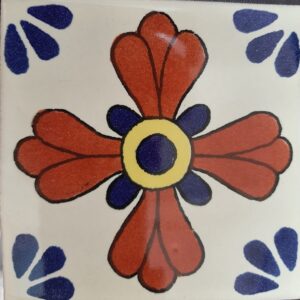 Terracotta=Blue Flower on Cream Talavera Tile