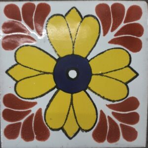 Yellow-Blue Flower on White Gloss Talavera Tile