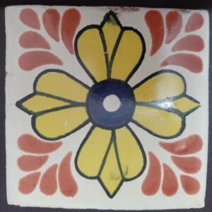 Yellow-Blue Flower on Cream Gloss Talavera Tile