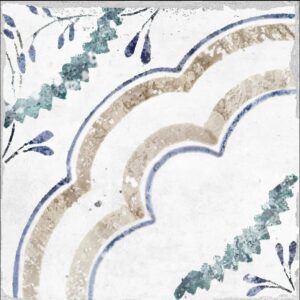 Blue Green Beige on White Matt Encaustic Look Tile
