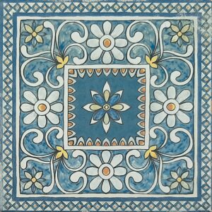 White Flowers on Green Blue Matt Talavera Style Tile