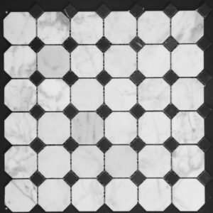 Carrara With Nero Black Dot Octagon Honed Marble Mosaic