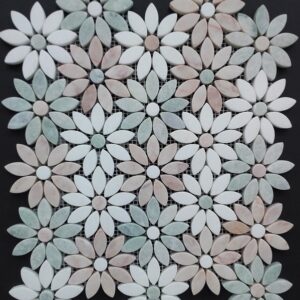 Pink,green & Thasos Tumbled Marble Daisy Mosaic