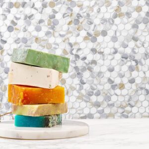 Calcatta Gold Look Mix Recycled Glass Pennyround Mosaic