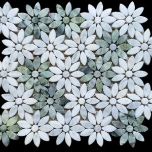 Amazonia Green & Oriental White Honed Marble Daisy Mosaic