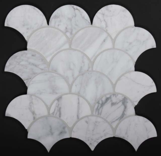 Carrara White Marble Mini Fish Scale Fan Shaped Mosaic Tile Honed